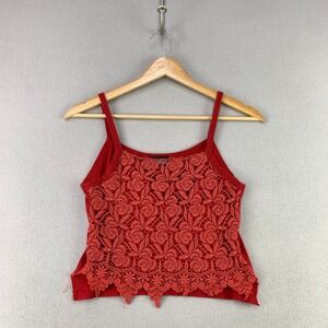 Awesome Wear Floral Lace Overlay Cami Tank Top Women XS Red Y2K Cropped Ribbed
